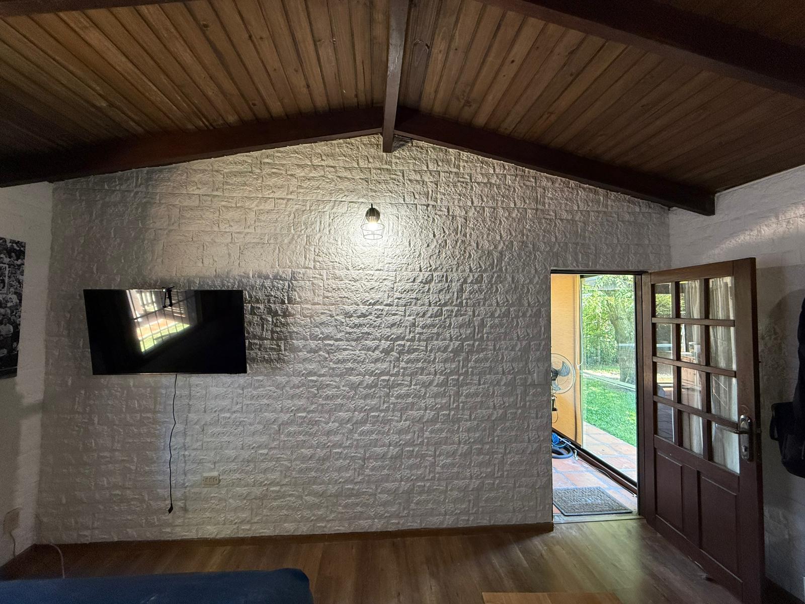 Living con TV y techo de madera
